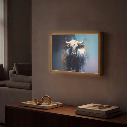 Stier - Zwart - Abstract - Horens Light Box met batterij (Wandlamp) middel -sfeer1