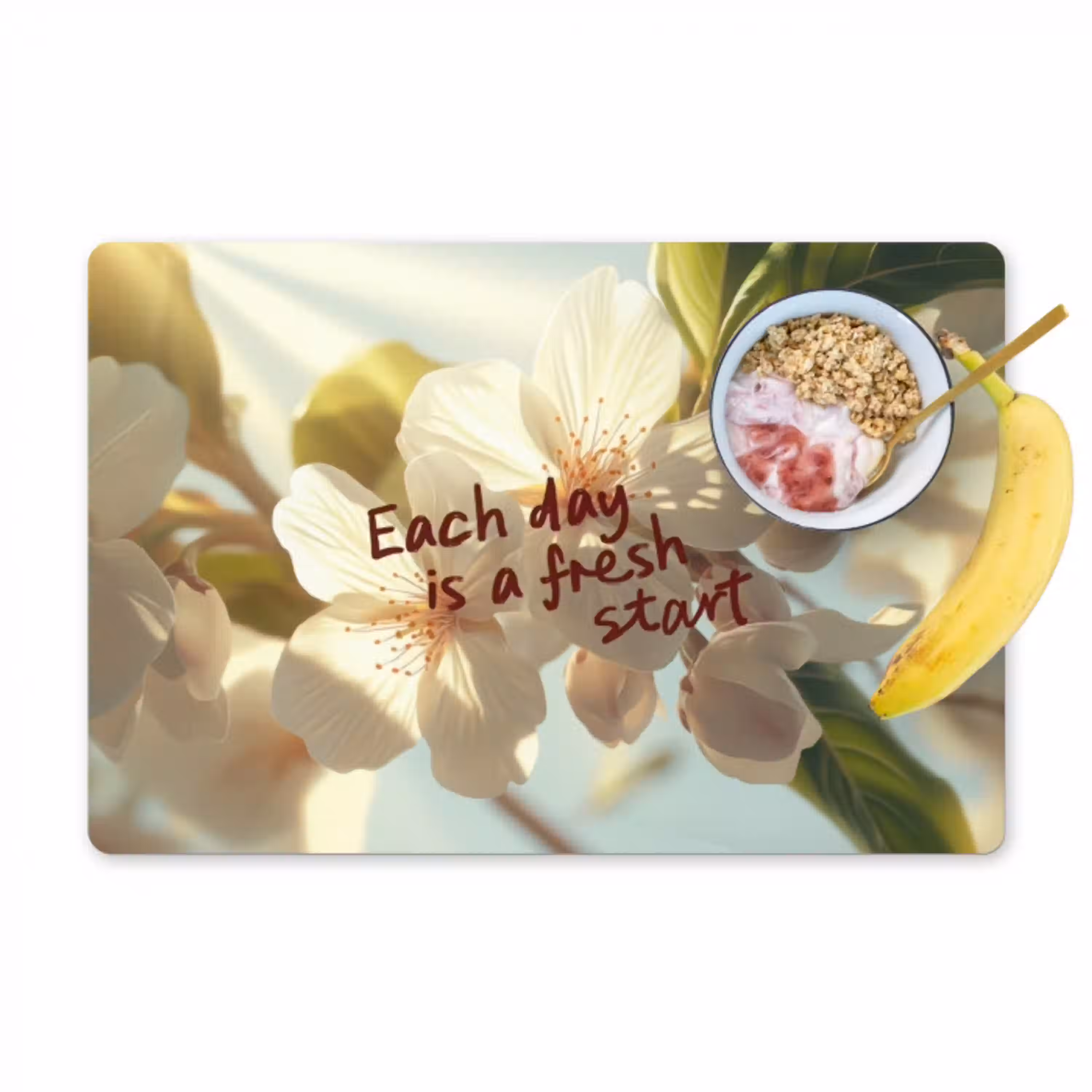 Bloesems - Zonlicht - Quote - Wit Placemat vinyl groot -zzzproduct_Kitchenyeah-website
