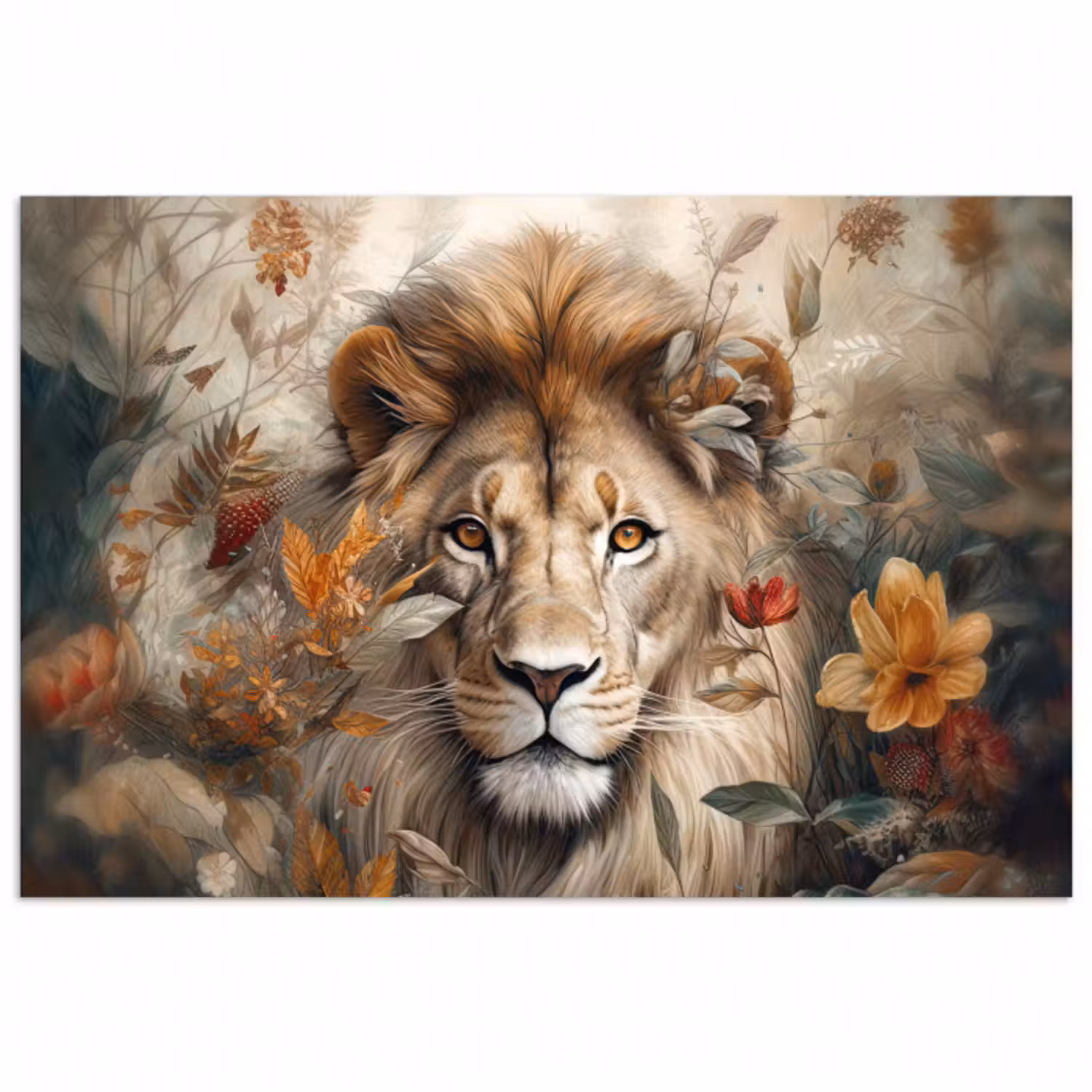 Poster - Löwe - Wildtiere - Pflanzen - Natur - Blumen