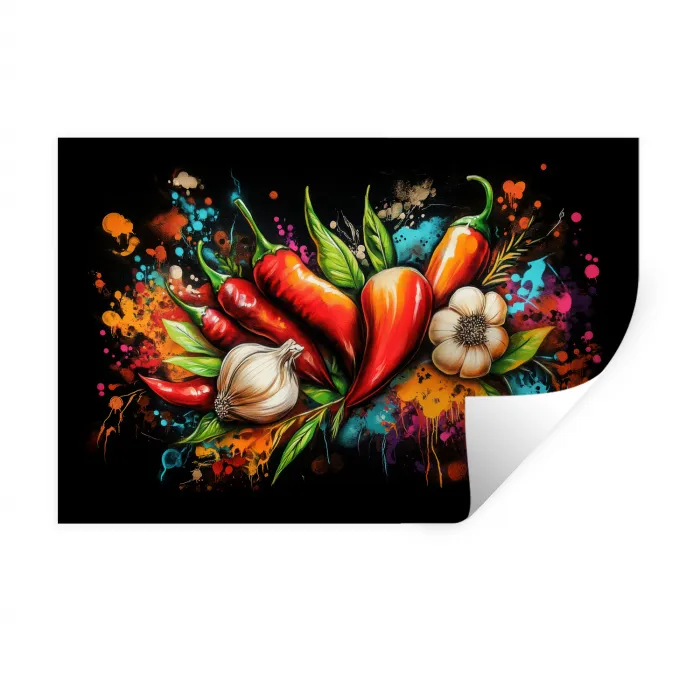 Groente - Peper - Knoflook - Graffiti - Verf - Kleurrijk Muursticker klein -3d