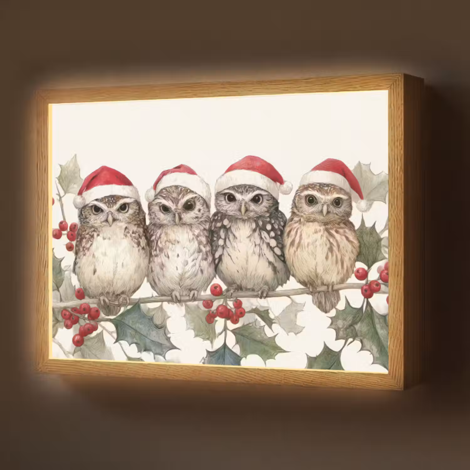 Lightbox - Wandlamp - Uilen - Tak - Hulstblaadjes - Kerstmuts