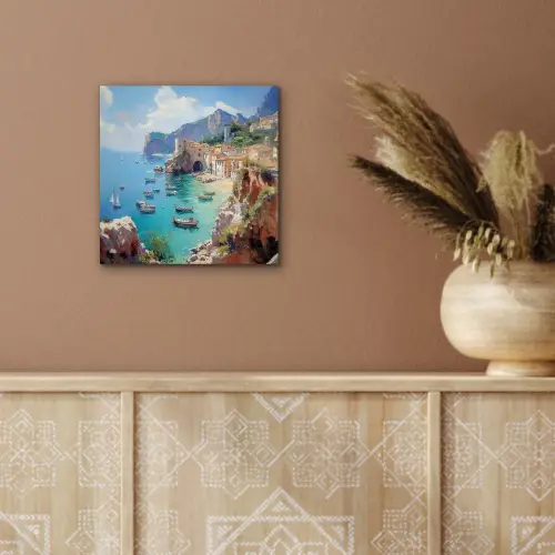 Kustdorp - Schilderij - Rotsen - Boten aluminium wit klein -sfeer4