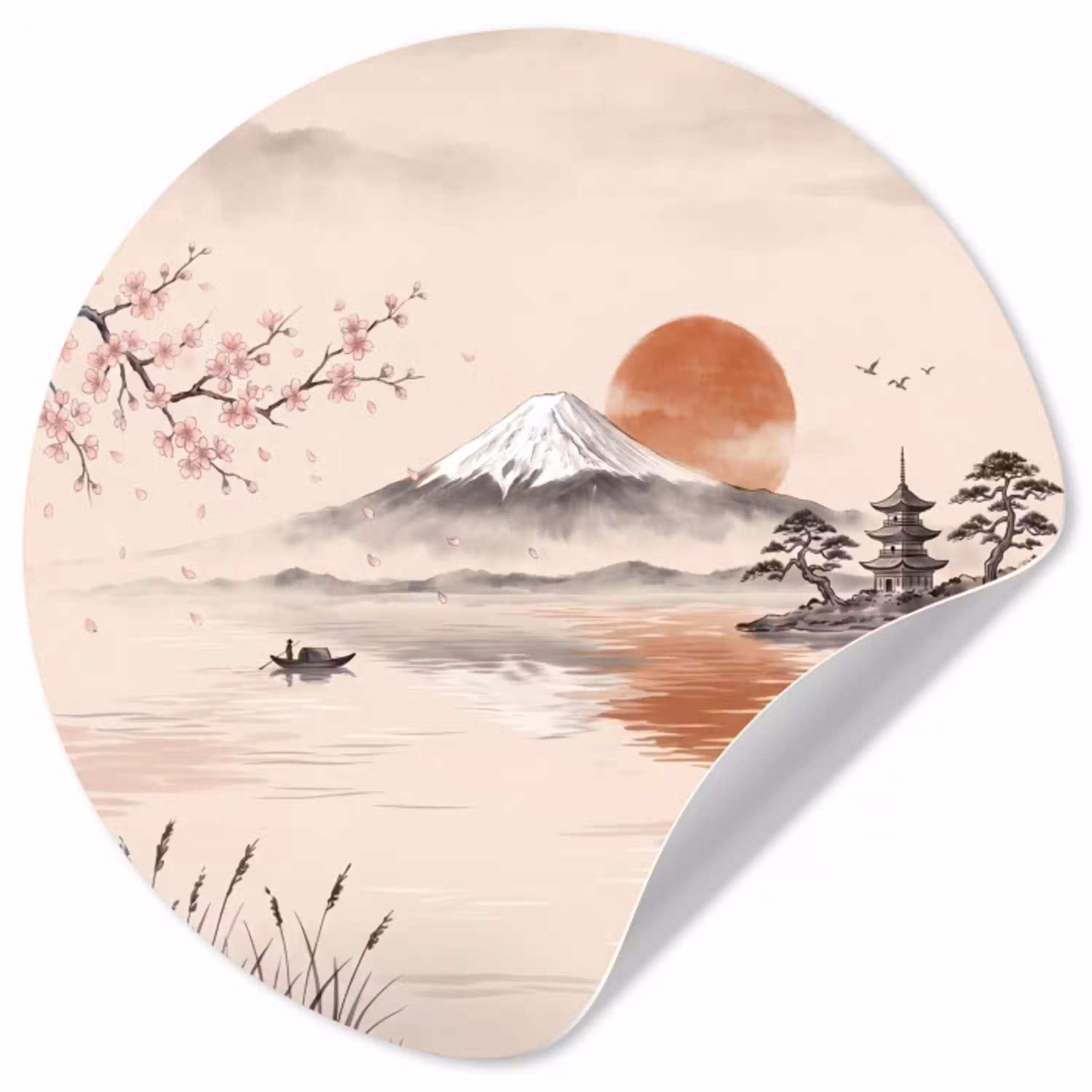 Bergtop - Meer - Bloesem Wandcirkel behangsticker klein -3d