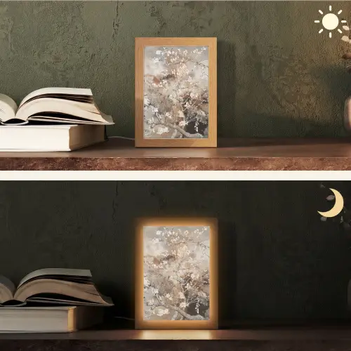 Amandelbloesem - Kunst - Van Gogh - Beige - Abstract Light Box met kabel (Tafellamp) klein -sfeer3