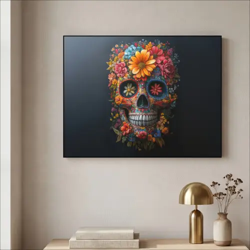 Bloemen - Kleurrijk - Schedel Textielframe zwart klein -sfeer2