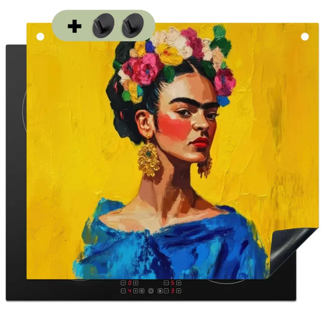 Inductiebeschermer & spatscherm (2in1) - Frida Kahlo - Vrouw - Geel - Blauw - Bloemen
