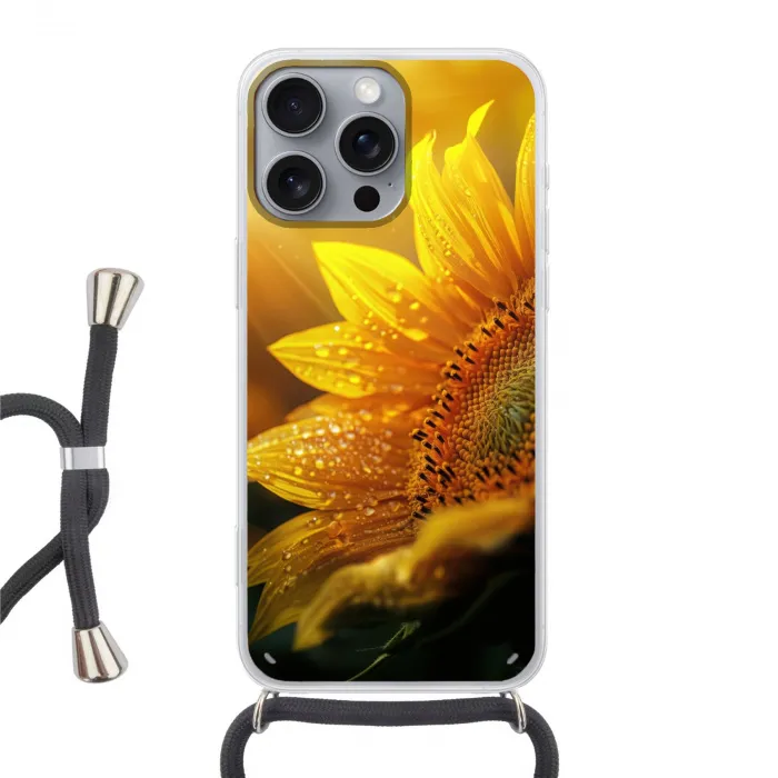 Zonnebloem - Dauwdruppels - Geel - Zonlicht Hoesje iPhone 16 Pro Max met koord klein -3d