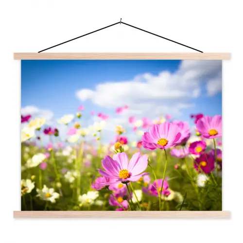Bloemen - Wei - Paars - Gras - Wit - Wolken - Blauw textielposter latten blank klein -3d