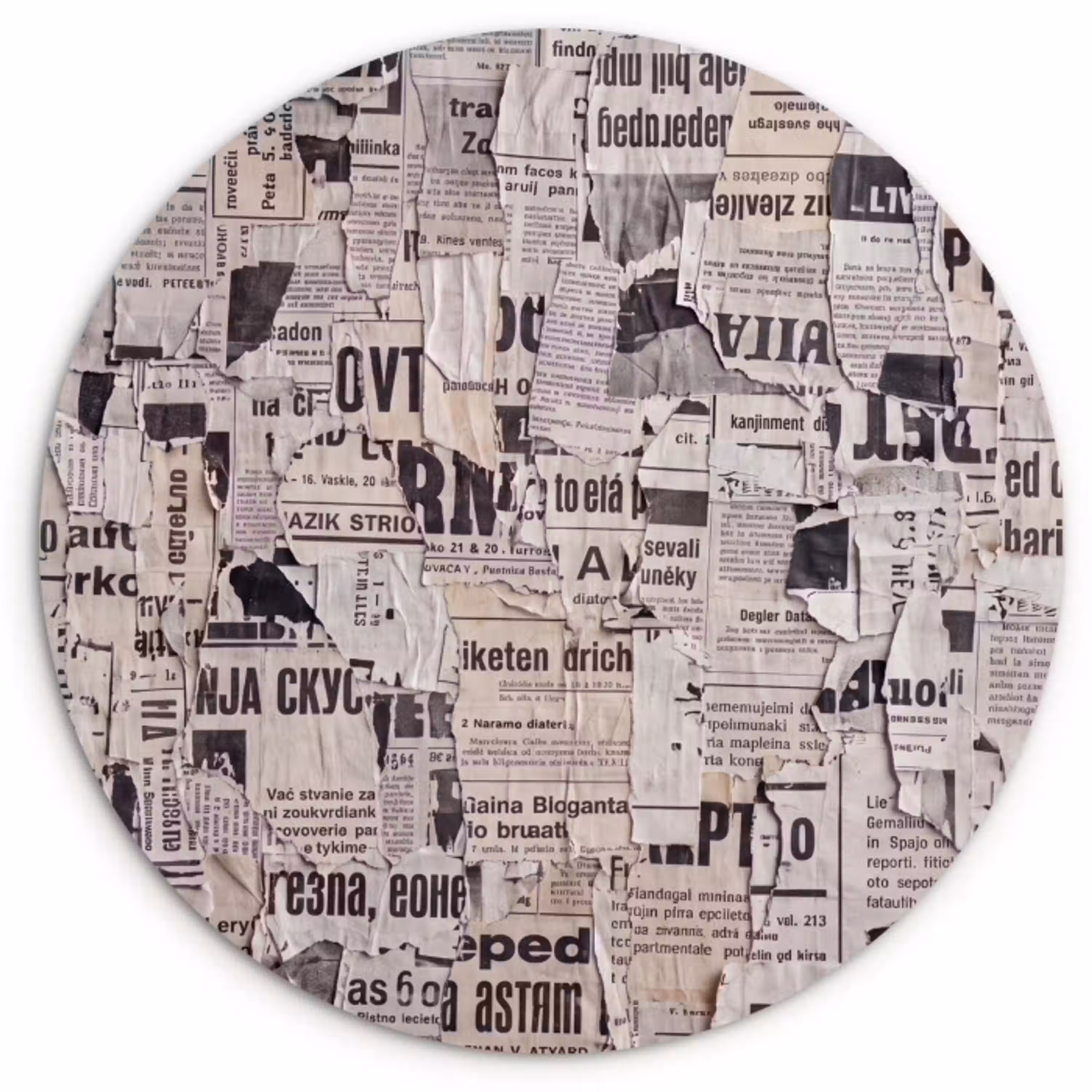 Krant - Gescheurd - Textuur - Abstract - Zwart-wit Wandcirkel kunststof plaat 5mm dik klein -3d