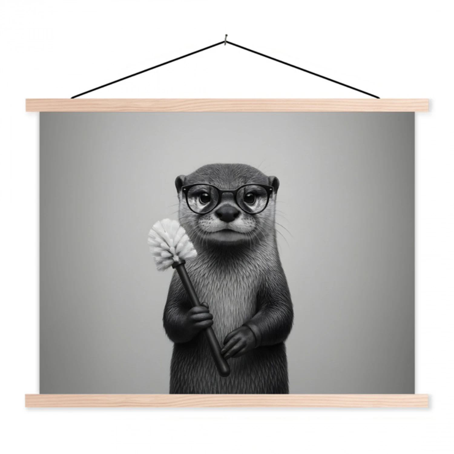 Otter - Wc-borstel - Bril - Zwart - Wit textielposter latten blank klein -3d