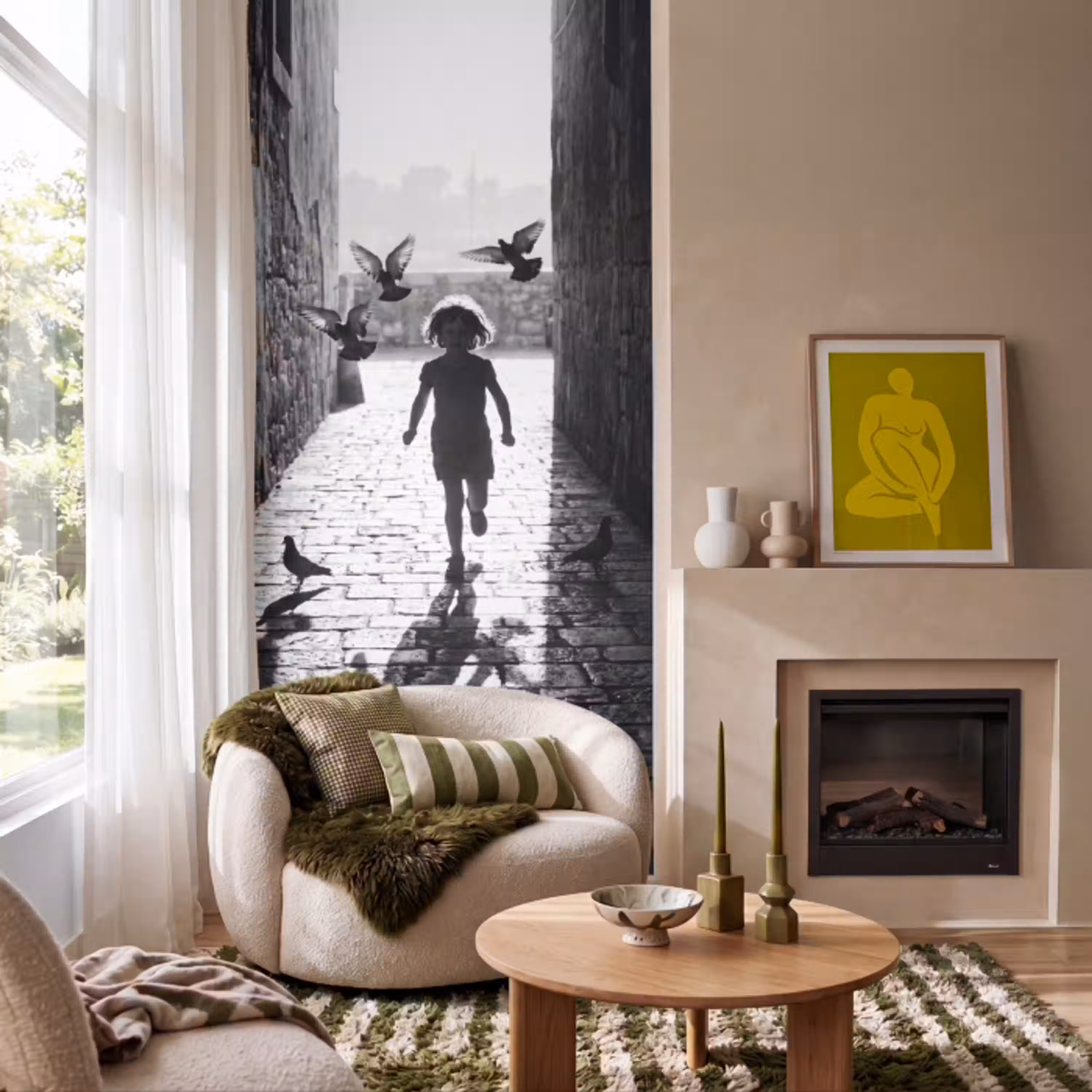 Kind - Vogel - Straat - Zwart-wit - Spelen Behang Vlies klein -sfeer2