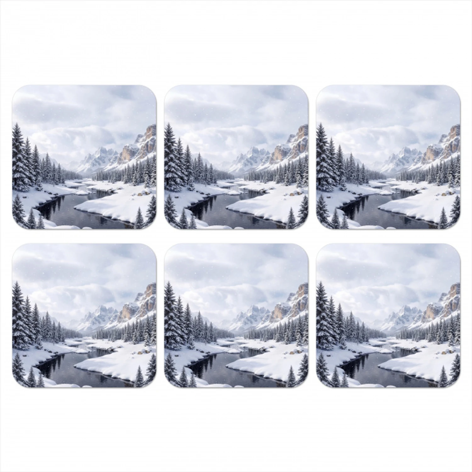 Sneeuwlandschap - Bergen - Rivier - Winter onderzetter kurk middel -3d