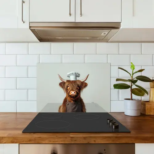 Schotse Hooglander - Bruin - Hoorns - Kokskleding keuken achterwand spatscherm klein -sfeer2