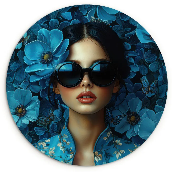 Vrouw - Bloemen - Blauw - Aesthetic - Luxe Wandcirkel kunststof plaat 5mm dik klein -3d
