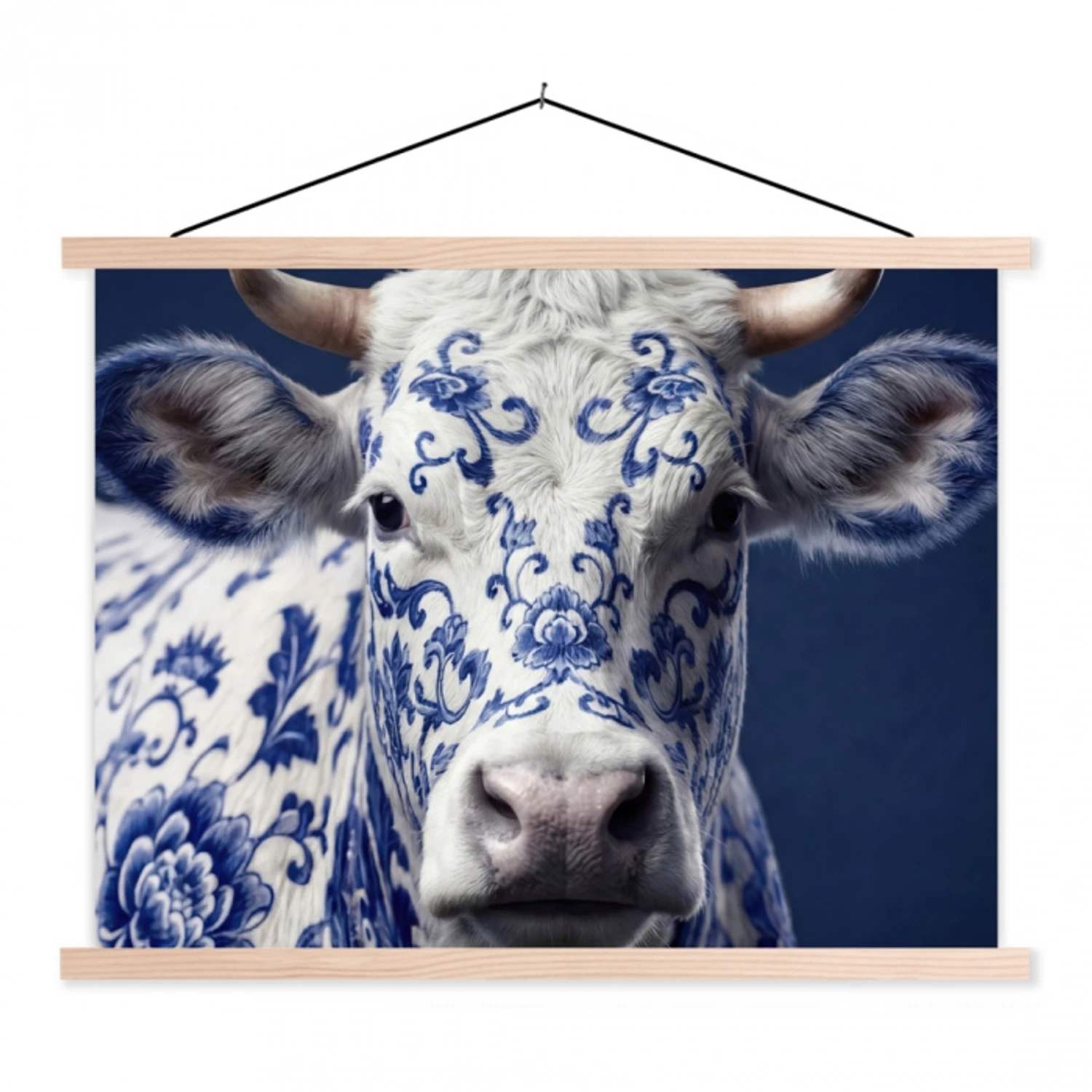 Koe - Delfts - Blauw - Artistiek textielposter latten blank klein -3d