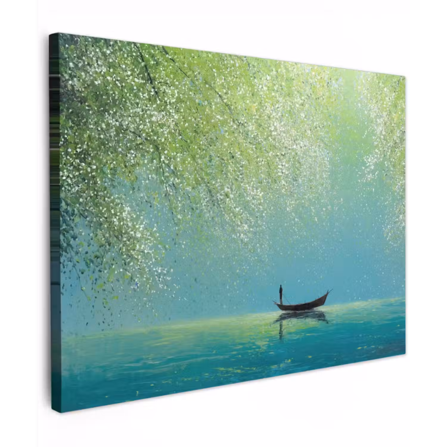 Canvas schilderij - Bootje - Water - Bladeren - Bloesems