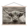 Schotse hooglander - Zwart - Wit - Hout textielposter latten blank klein -3d