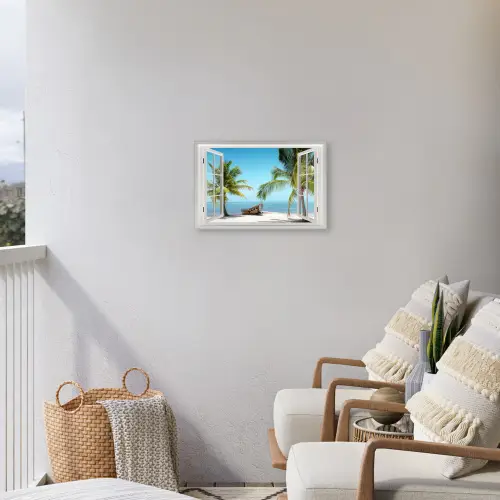 Doorkijk - Strand - Palmboom - Boot - Tropisch - Zee - Blauw Tuinposter op houten frame 2 cm dik klein -sfeer1