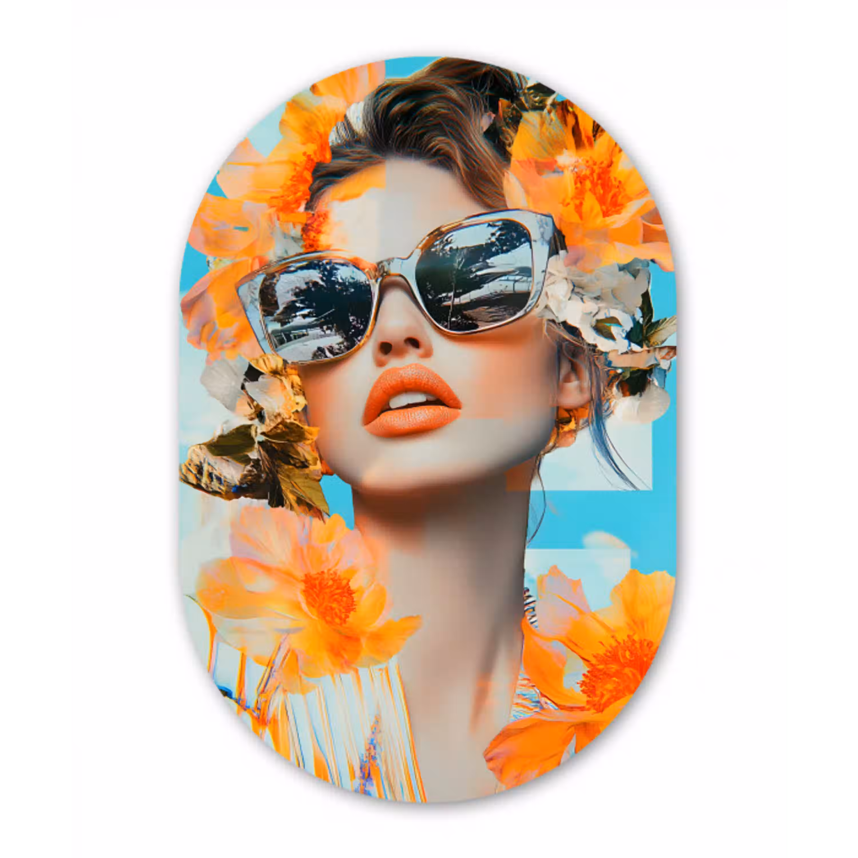Bloemen - Vrouw - Zonnebril - Blauw Wandcirkel Ovaal Glas middel -3d