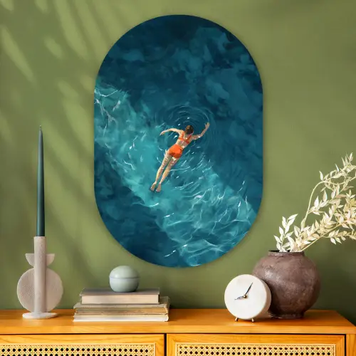 Vrouw - Water - Bikini - Oranje Wandcirkel Ovaal Glas middel -sfeer2