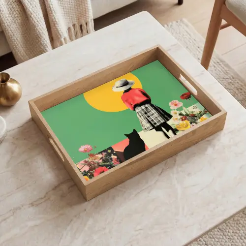 Retro - Meisje - Kat - Zon Dienblad Rechthoek middel -sfeer1