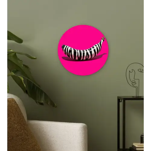 Banaan - Zebraprint - Roze Wandcirkel kunststof plaat 5mm dik klein -sfeer3