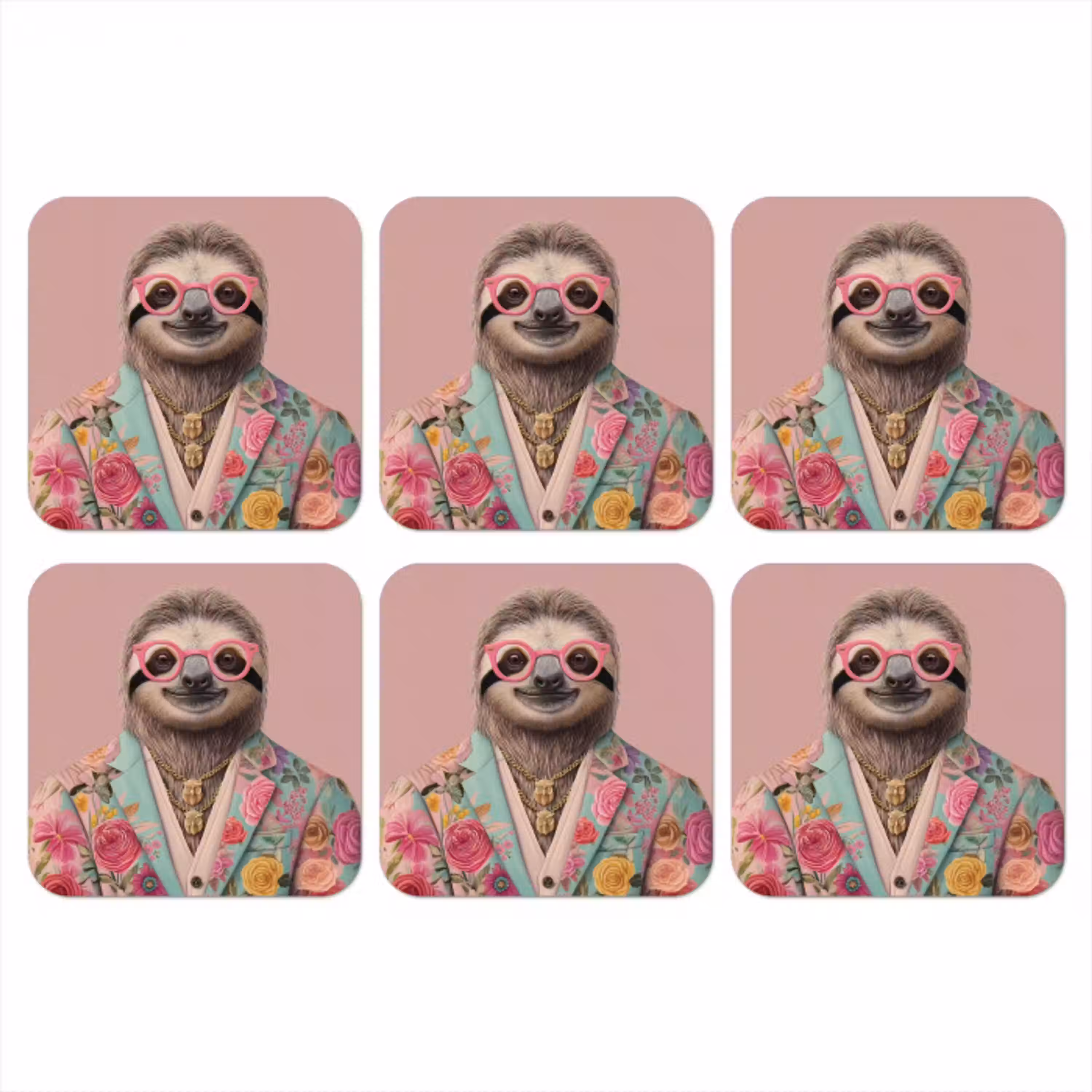 Luiaard - Bloemenprint - Bril - Roze onderzetter kurk middel -3d