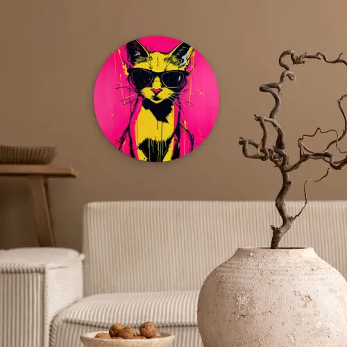 Kat - Art - Zonnebril - Roze Wandcirkel kunststof plaat 5mm dik klein -sfeer1