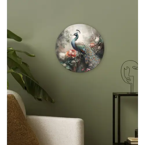 Pauw - Pauwenveren - Vogel - Jungle - Bloemen Wandcirkel kunststof plaat 5mm dik klein -sfeer3