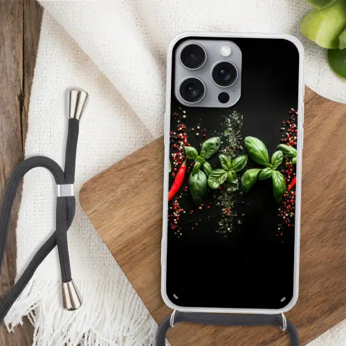 Chilipepers - Basilicum - Blaadjes - Rood Hoesje iPhone 16 Pro Max met koord klein -sfeer4