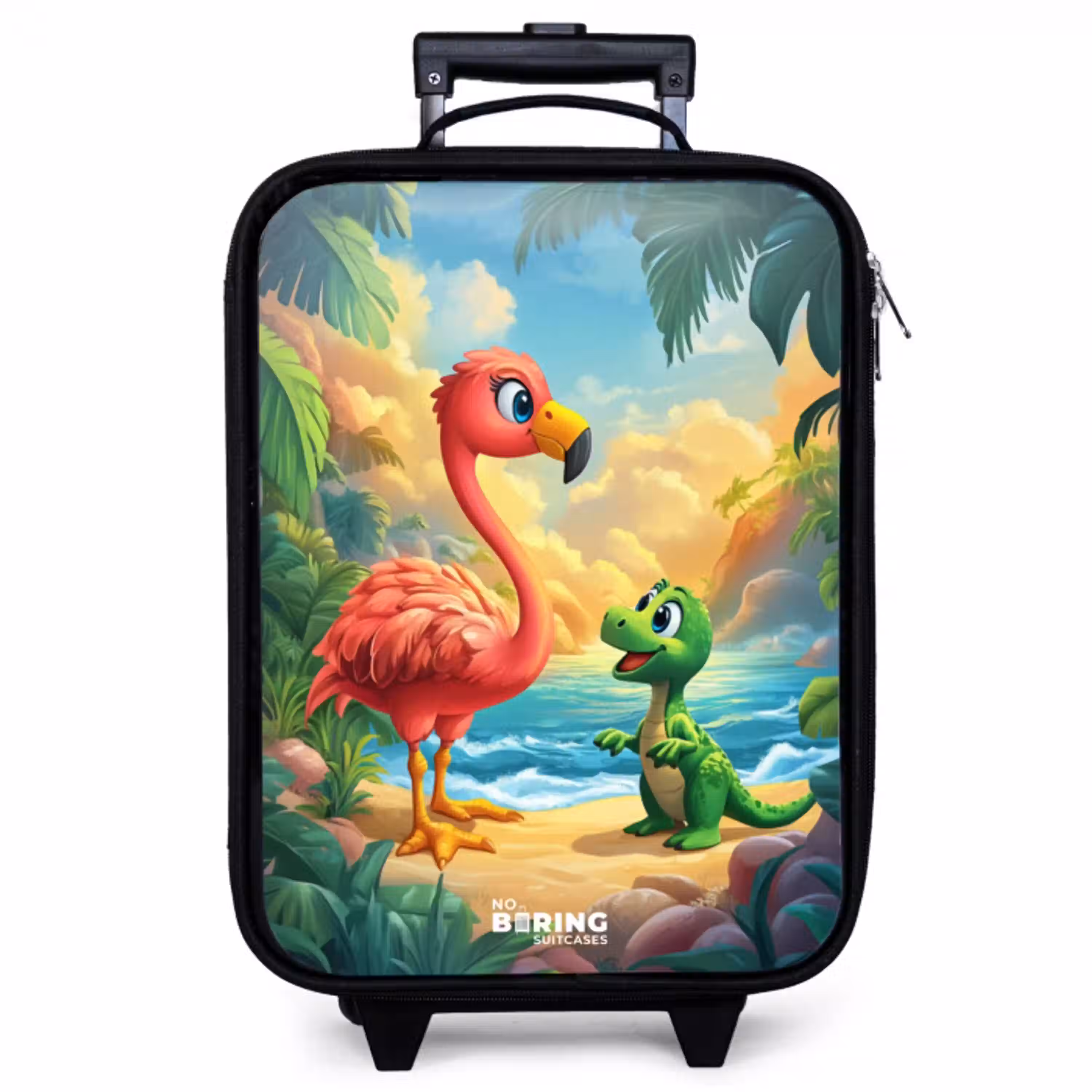 Flamingo en dinosaurus op strand bij ondergaande zon Kinderkoffer - Zwart klein -zzz_website3d