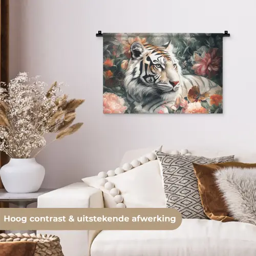 Tijger - Wilde dieren - Bloemen - Jungle Wandkleed katoen klein -sfeer1