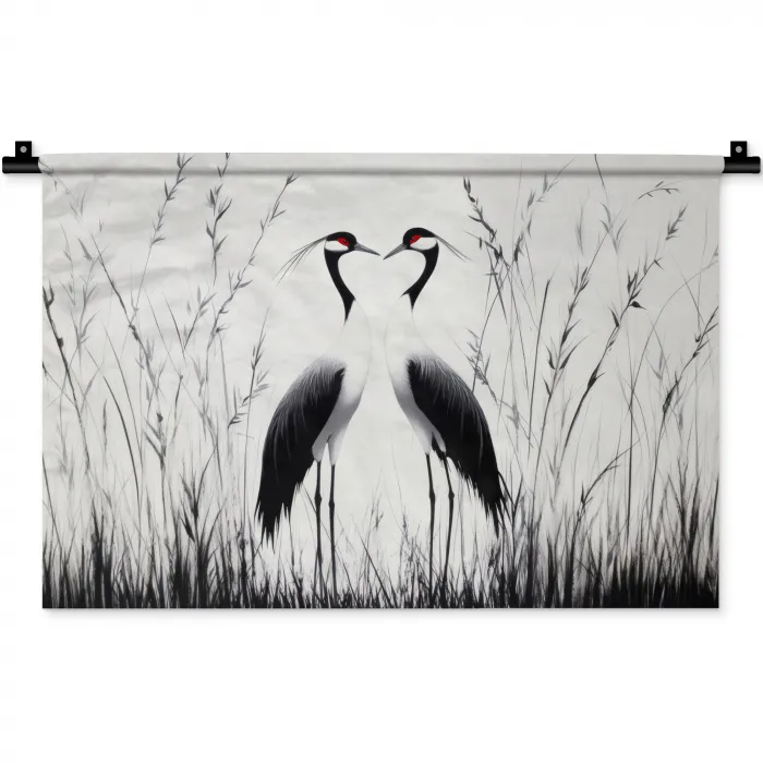 Kraanvogels - Gras - Hartvorm - Zwart Wandkleed katoen klein -zz3d
