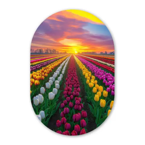 Tulpenveld - Zonsondergang - Kleurrijk Wandcirkel Ovaal Glas middel -3d
