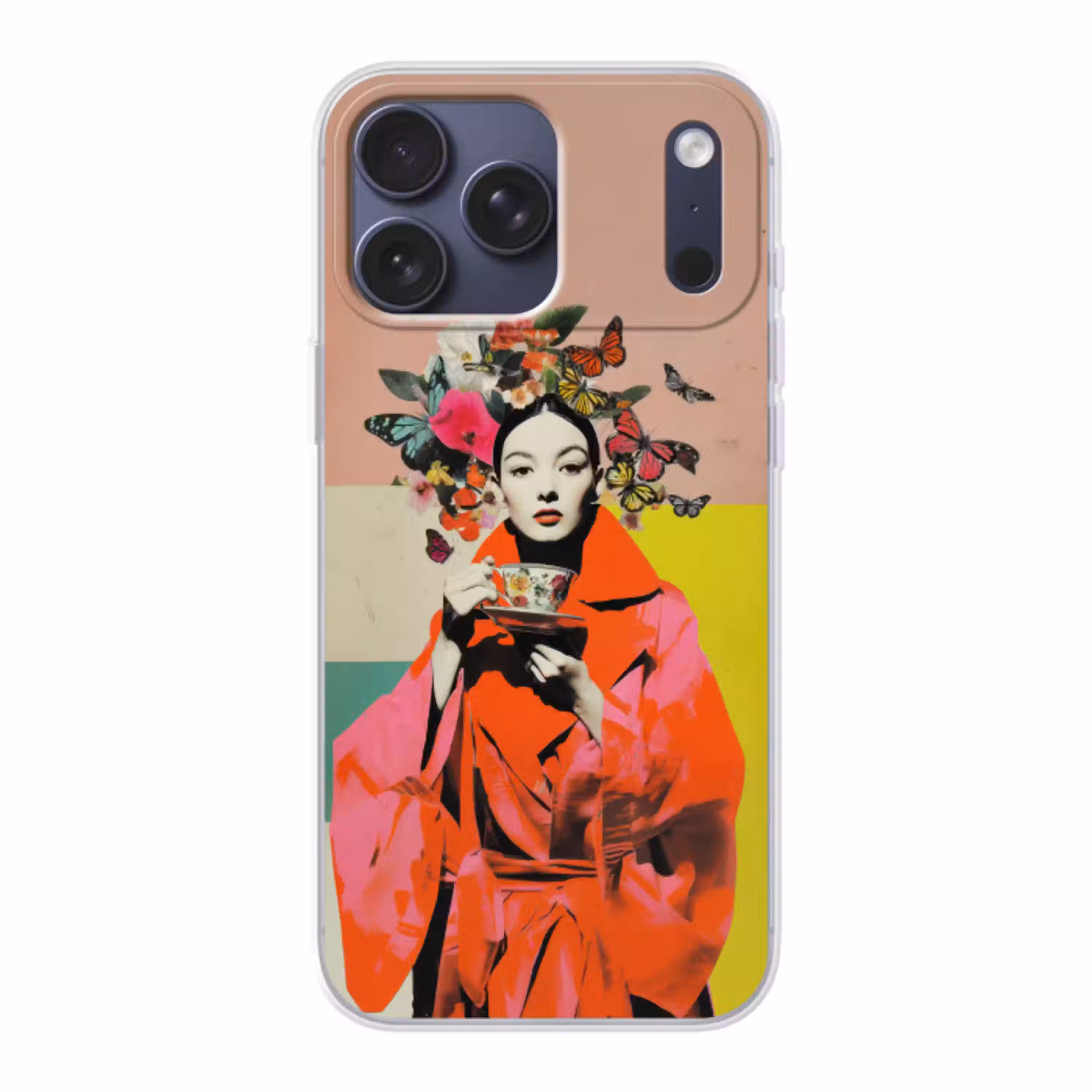 Retro - Vrouw - Kopje - Vlinders Telefoonhoesje iPhone 17 Pro Max klein -3d
