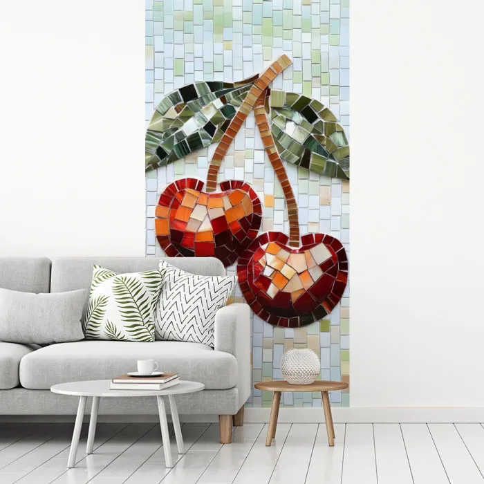 Kersen - Rood - Mozaïek - Blaadjes fotobehang vinyl groot -woonkamer