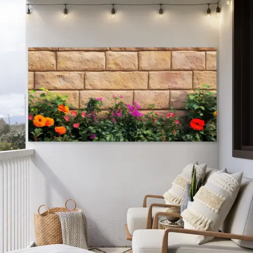 Bloemen - Bakstenen - Kleurrijk Tuinposter op houten frame 2 cm dik xxl -sfeer1