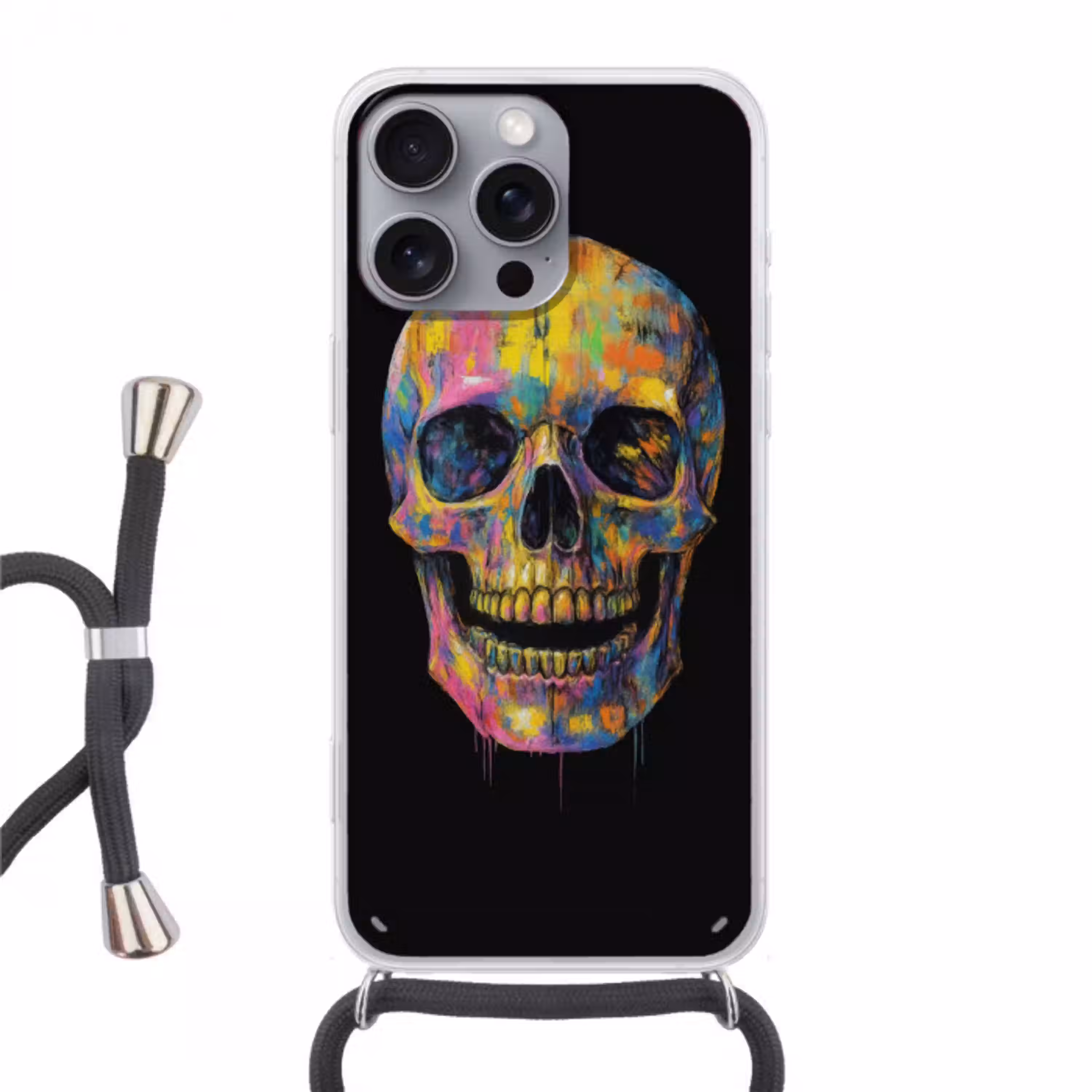 Penseelstreken - Schedel - Kleurrijk - Abstract Hoesje iPhone 16 Pro Max met koord klein -3d