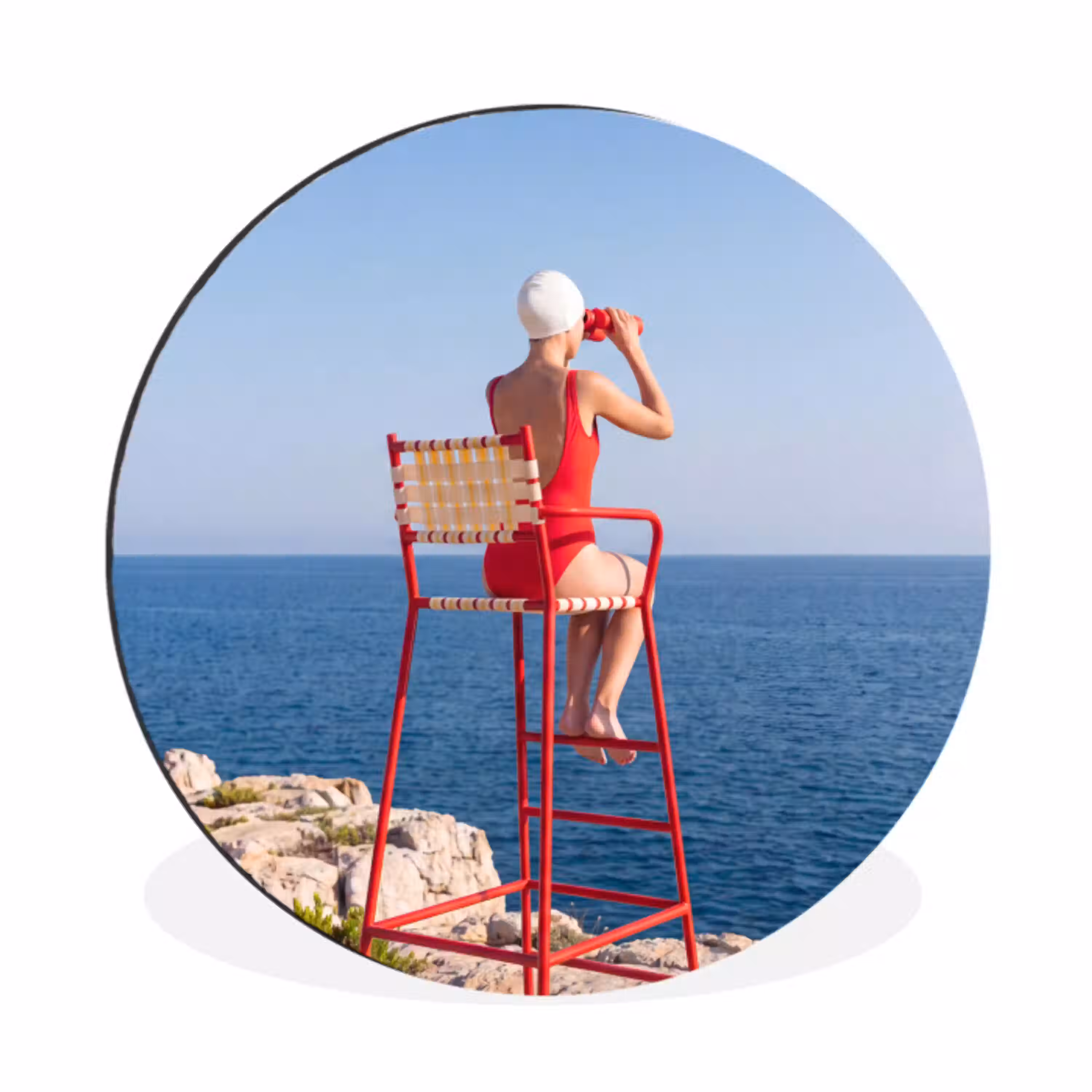 Vrouw - Zee - Kust - Verrekijker - Rood Wandcirkel aluminium klein -3d