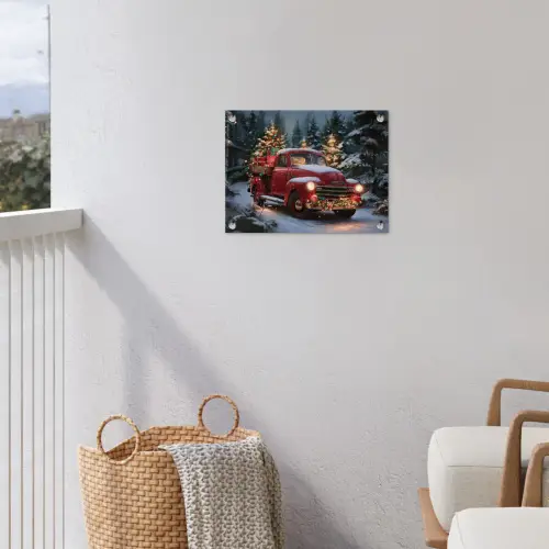 Kersttruck - Sneeuwbos - Rood tuinposter los doek klein -sfeer8