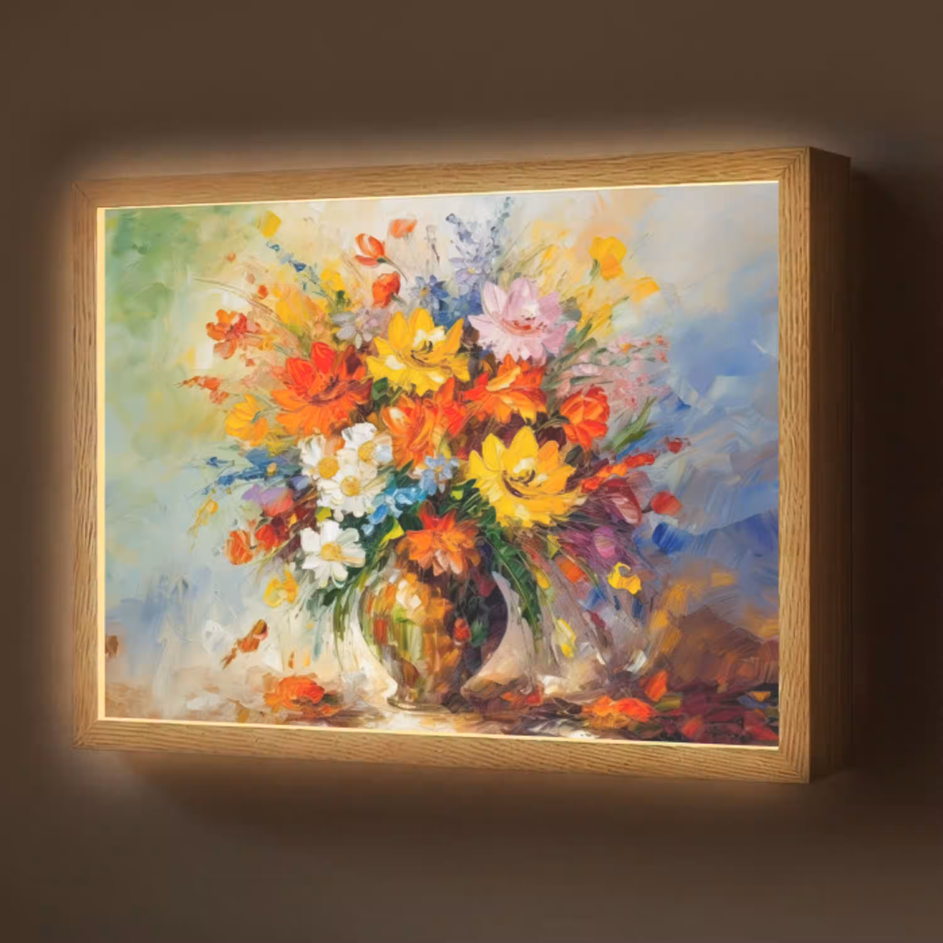 Bloemen - Kleurrijk - Olieverf - Bloempot Light Box met batterij (Wandlamp) middel -z3d_website