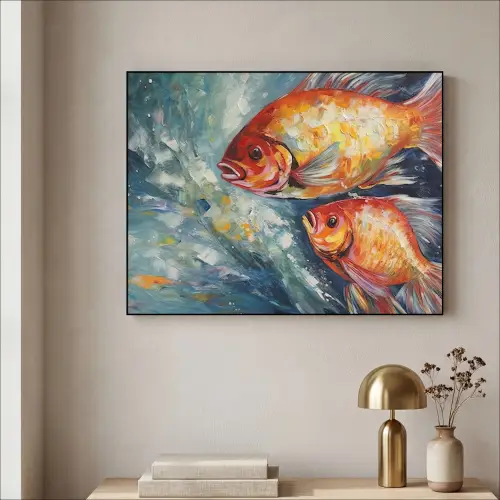 Vissen - Water - Dieren - Kunst - Olieverf Textielframe zwart klein -sfeer2