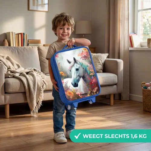 Wit paard omringd door bloemen Kinderkoffer - Blauw klein -sfeer2_NL