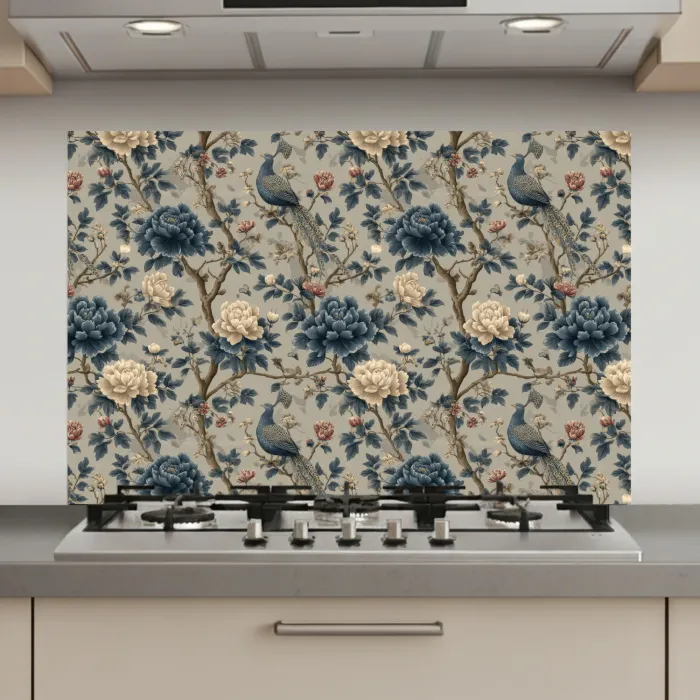 Pauw - Bloemen - Blauw keuken achterwand spatscherm klein 900 -3d_website