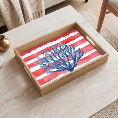Koraal - Verfstructuur - Rood - Blauw Dienblad Rechthoek middel -sfeer1