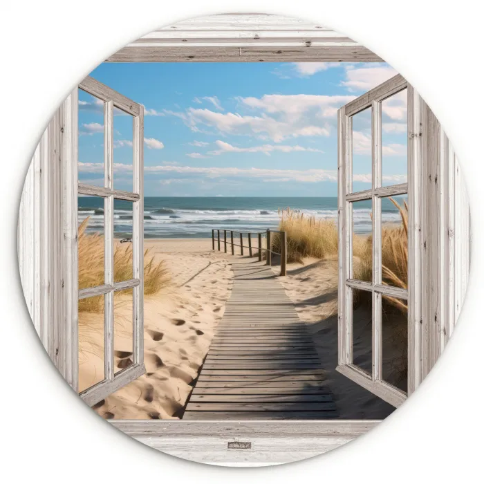 Raam - Zee - Kust - Natuur - Doorkijk - Strand - Waddenzee Wandcirkel kunststof plaat 5mm dik klein -3d