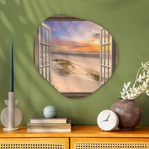 Doorkijk - Strand - Duinen - Natuur - Landschap Wandcirkel Organisch Plexiglas middel -sfeer2