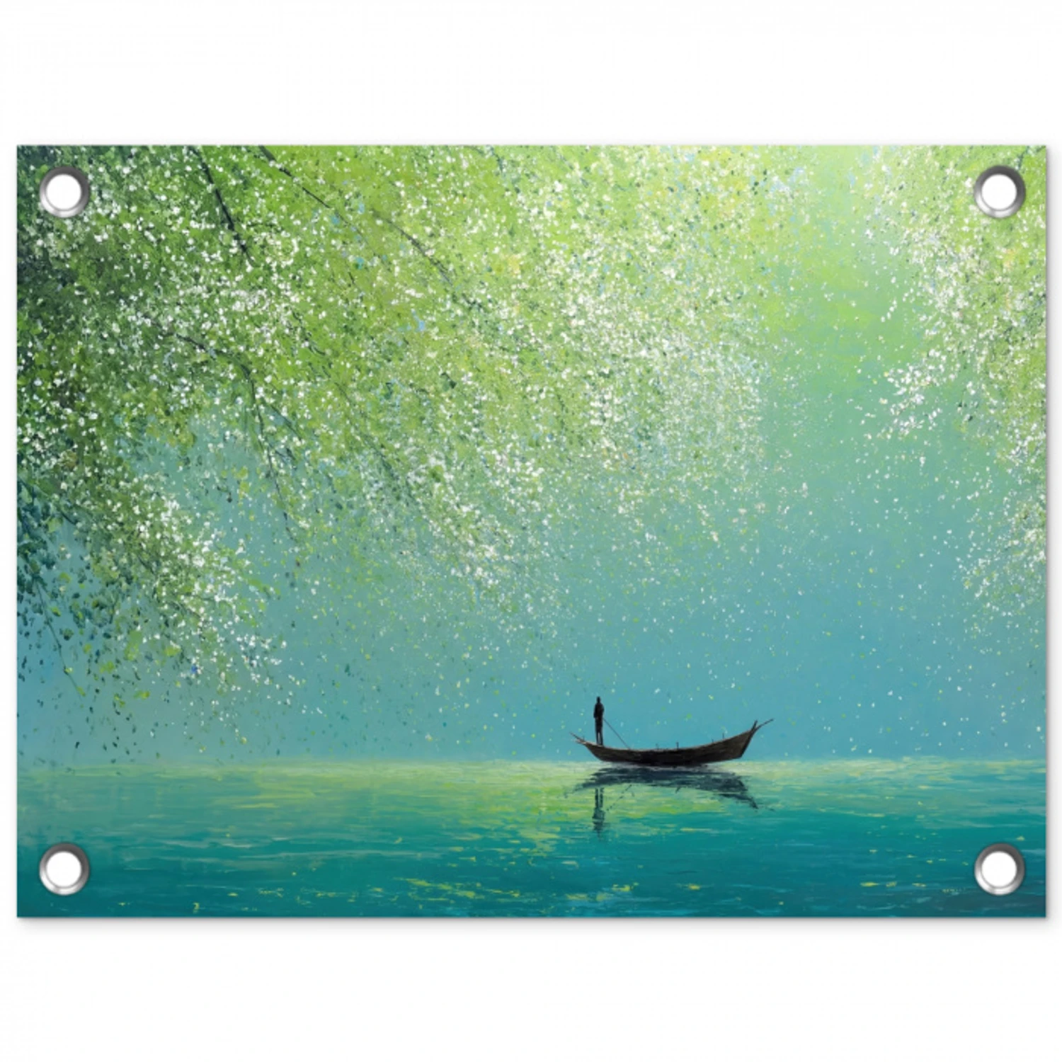 Bootje - Water - Bladeren - Bloesems tuinposter los doek klein -3d
