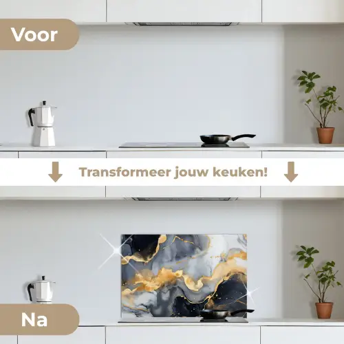 Marmer - Goud - Abstract - Luxe - Zwart en Wit keuken achterwand spatscherm klein -voor_na_NL