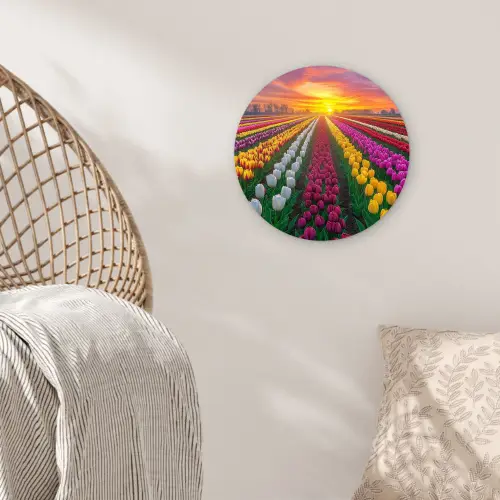 Tulpenveld - Zonsondergang - Kleurrijk Wandcirkel kunststof plaat 5mm dik klein -sfeer5